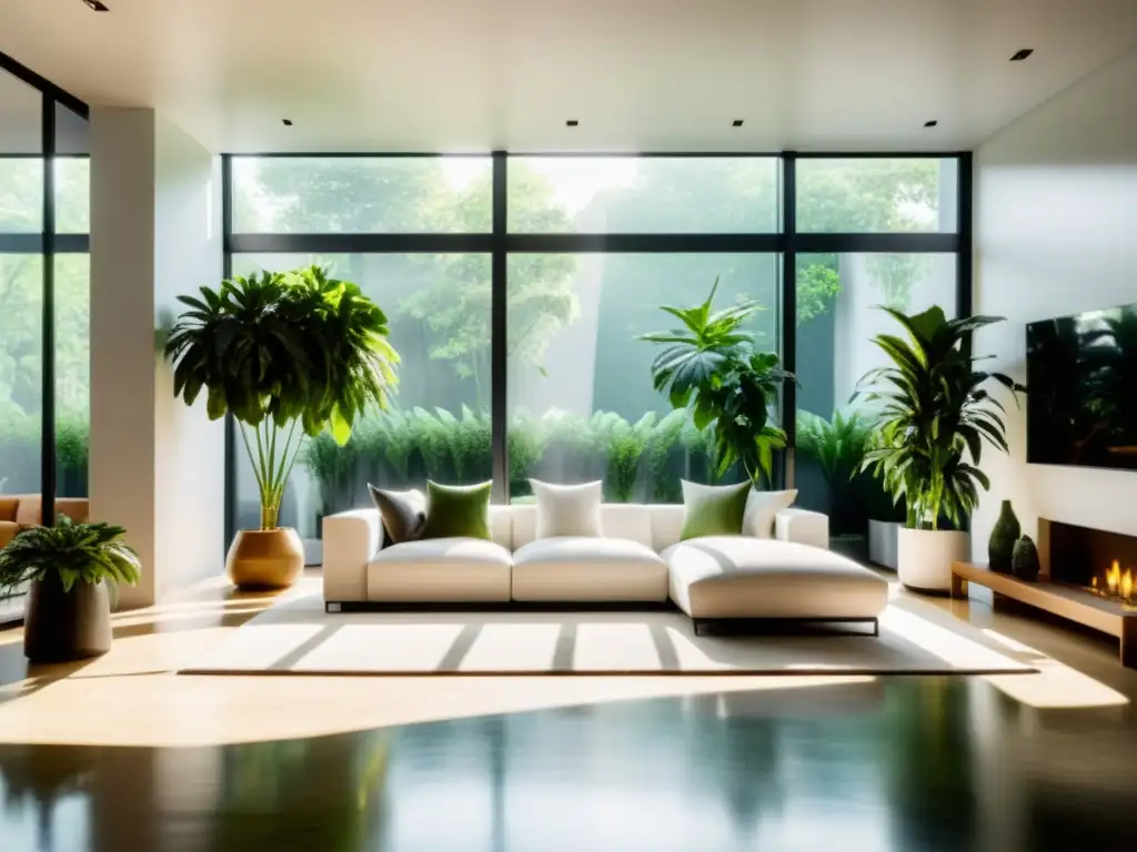 Espacio moderno con plantas de interior para purificar aire, inundado de luz natural y diseño elegante