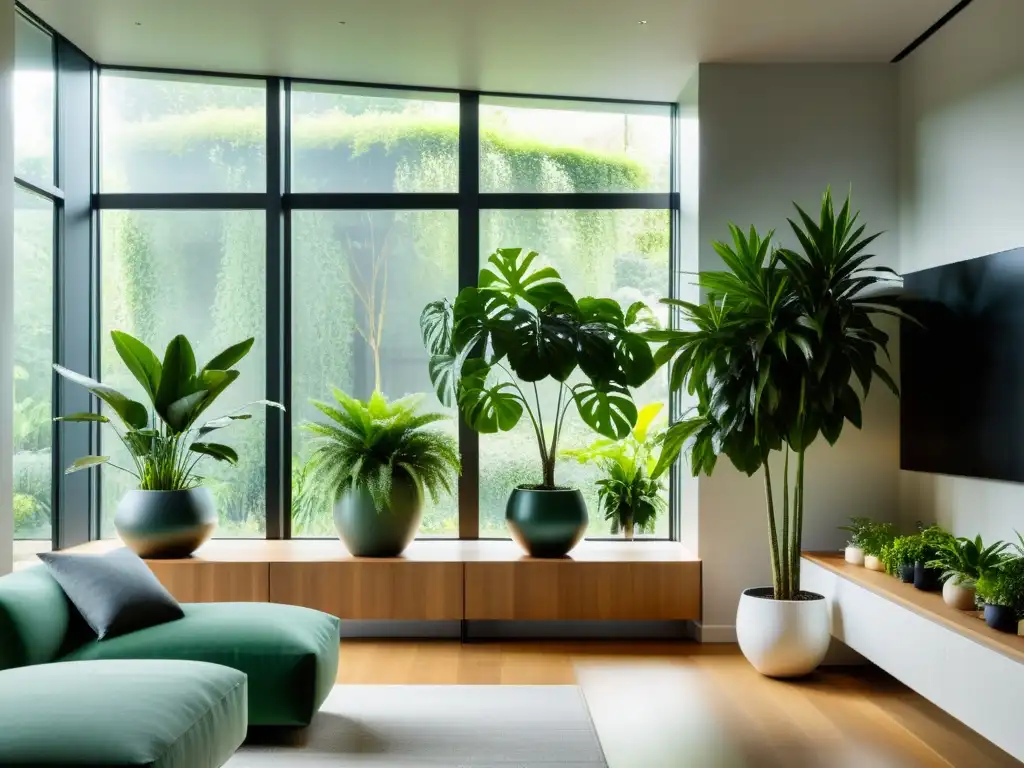 Espacio moderno con plantas de interior para reducción de ruido en elegantes macetas minimalistas, creando un ambiente sereno y tranquilo