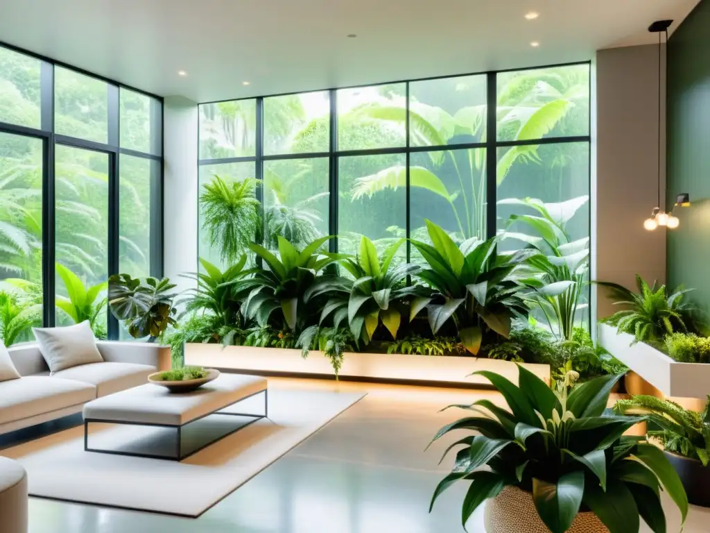 Un espacio moderno con plantas purificadoras, integrando naturaleza y tecnología para purificar aire interior