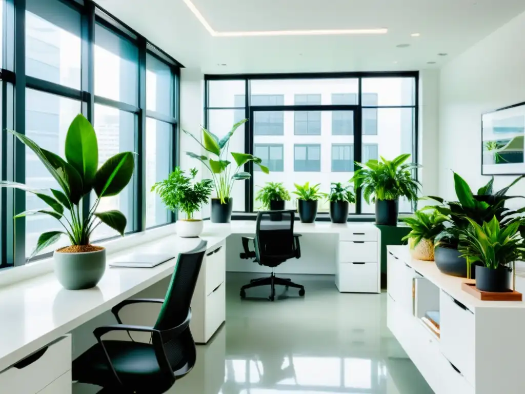 Un espacio de oficina minimalista con plantas de interior para oficina, creando una atmósfera tranquila y productiva con luz natural y diseño limpio