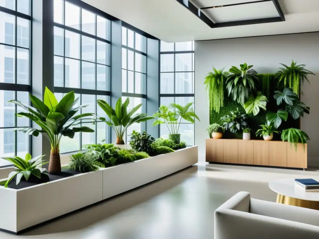 Un espacio de oficina minimalista con plantas de interior para concentración, bañado en luz natural y tranquilidad