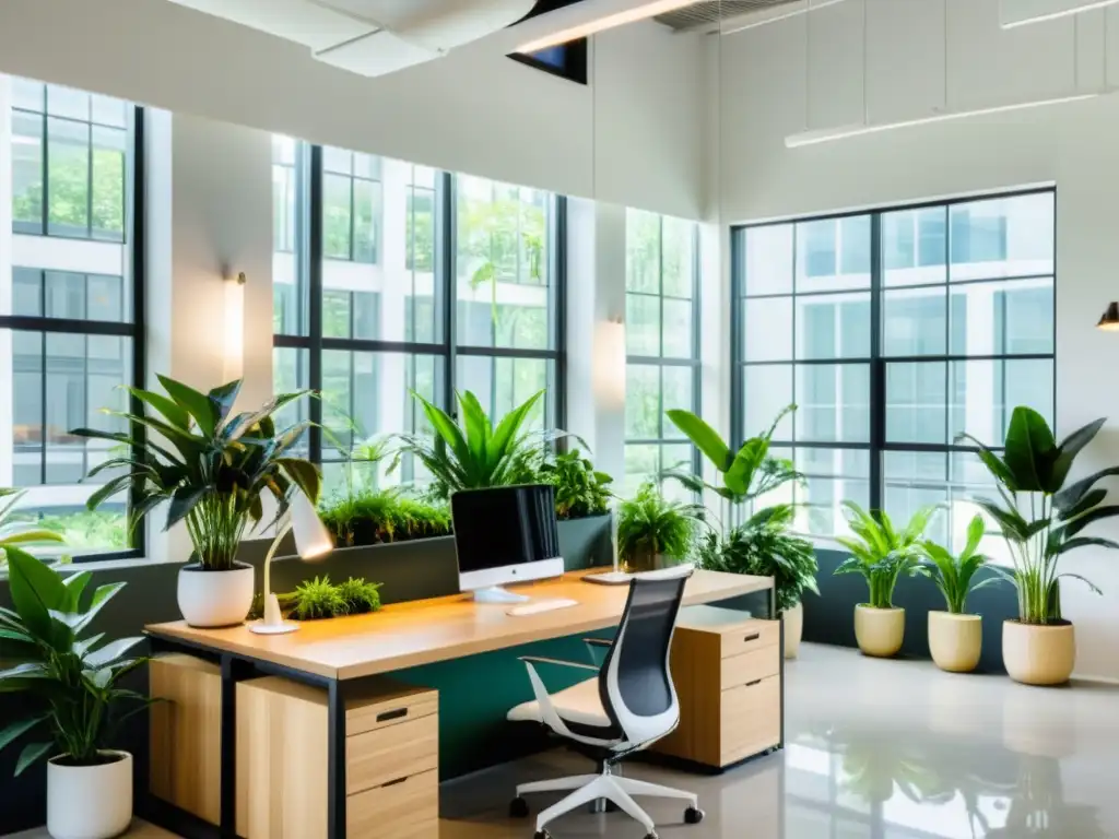 Espacio de oficina moderno con plantas de interior para espacios de trabajo, diseño minimalista y luz natural en 8k