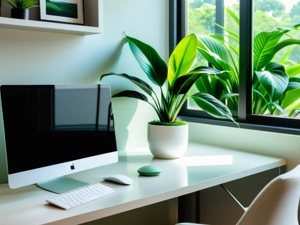 Espacio de oficina moderno con plantas de interior para oficina, iluminado por luz natural y vistas verdes