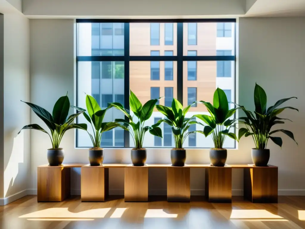 Un espacio de oficina moderno con plantas de interior para oficinas tranquilas, inundado de luz natural y serenidad