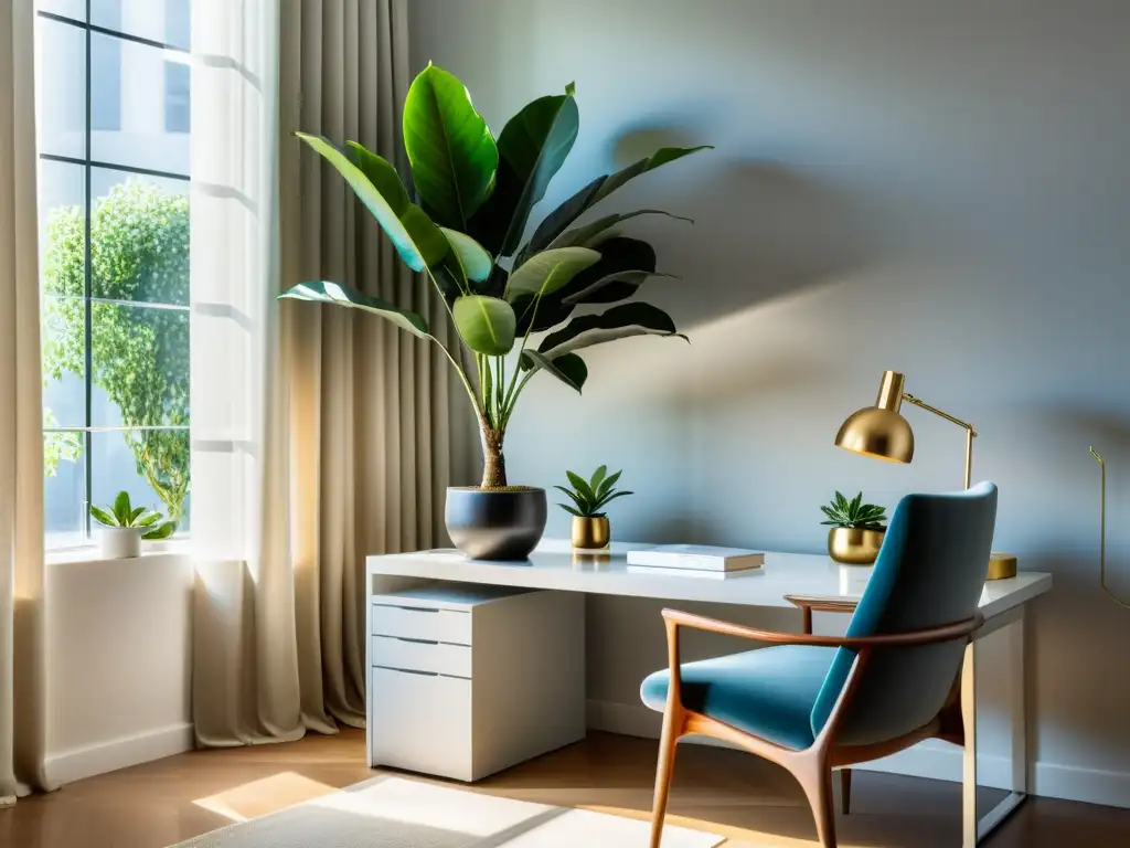 Espacio de oficina sereno y minimalista con un elegante escritorio y un vibrante ficus en la esquina, bañado por suave luz natural