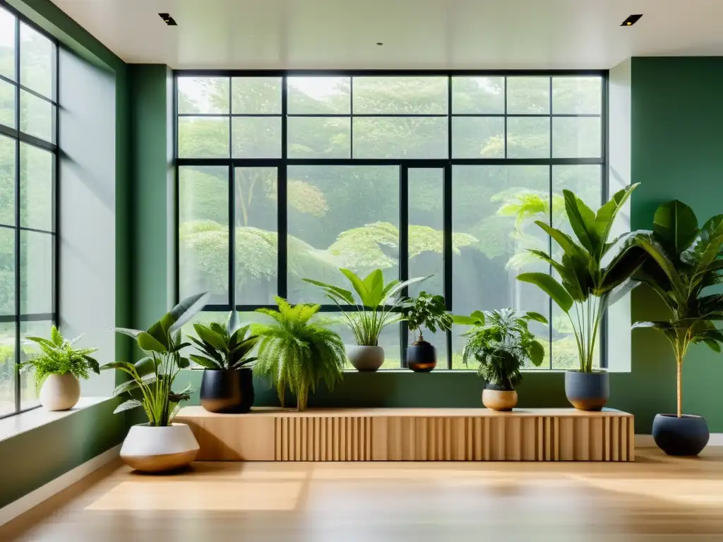 Espacio de estar con plantas de interior estilo sustentable, iluminado con luz natural, elegante y tranquilo