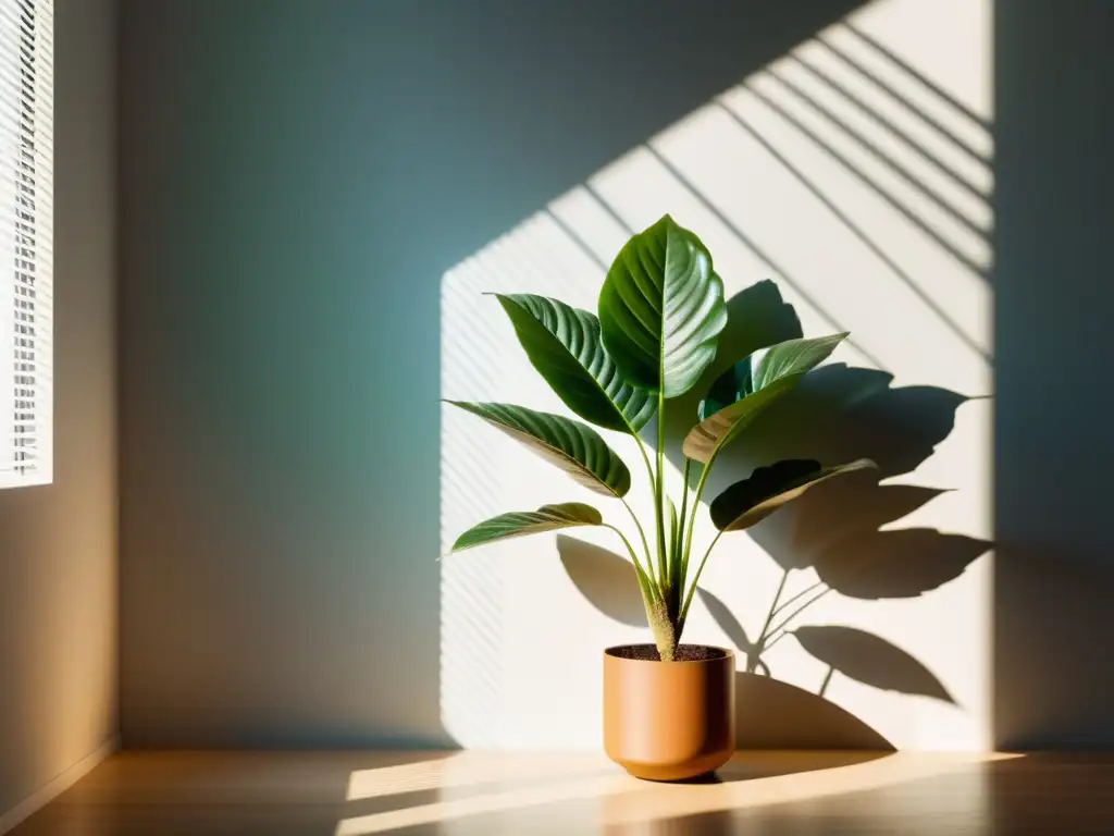 Un espacio sereno iluminado por el sol con una planta de interior vibrante y saludable, que aporta beneficios a la salud