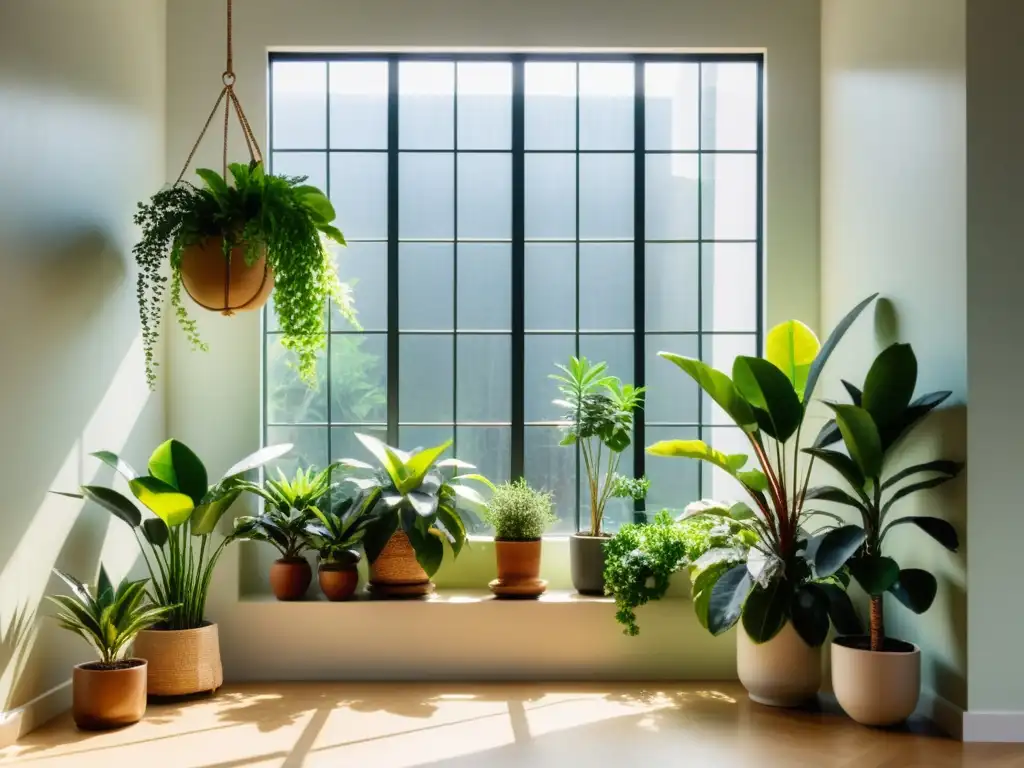 Un espacio sereno iluminado por el sol con plantas de interior, transmitiendo tranquilidad y conexión con la naturaleza