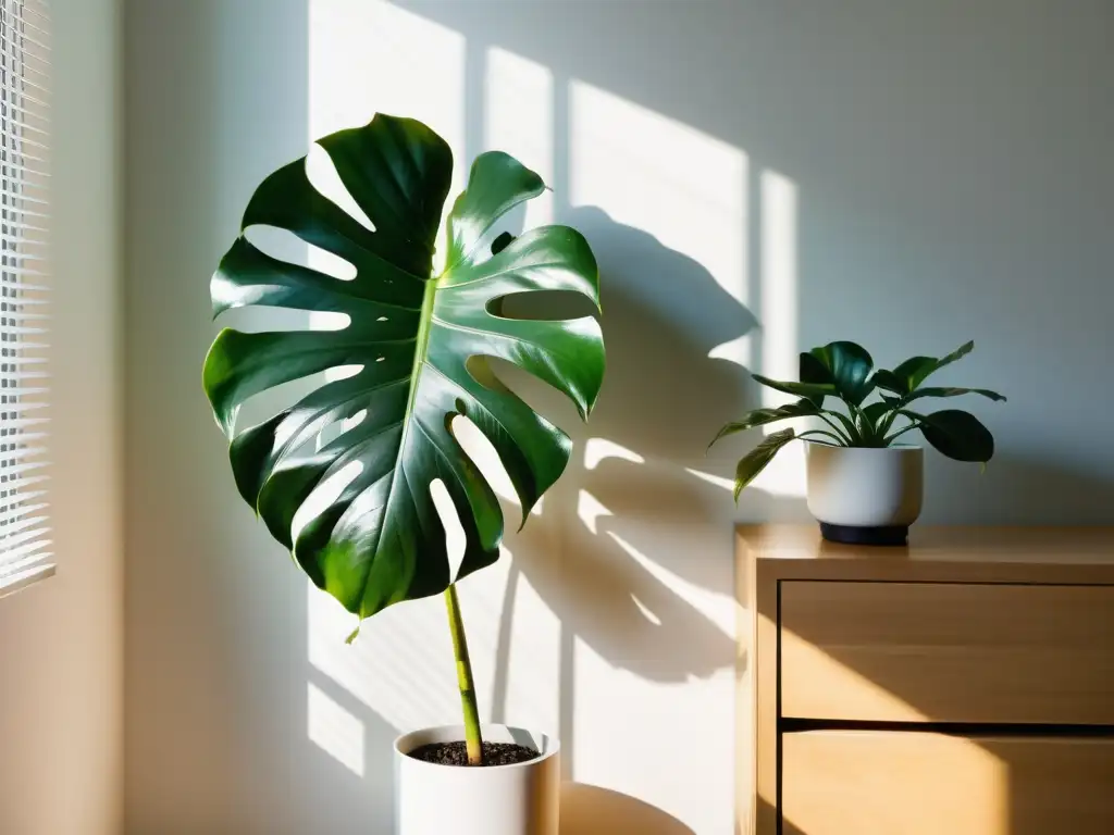 Un espacio sereno iluminado por el sol con una exuberante planta de interior en maceta blanca