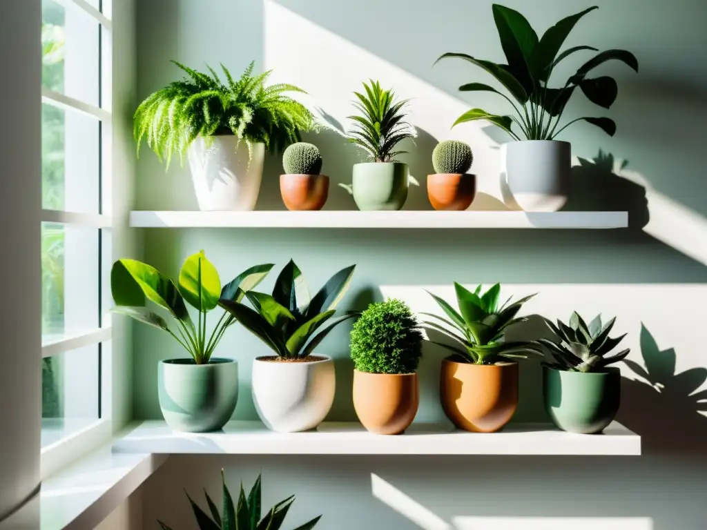 Espacio de plantas de interior minimalista Un espacio sereno lleno de plantas de interior exuberantes y saludables, iluminado por el sol
