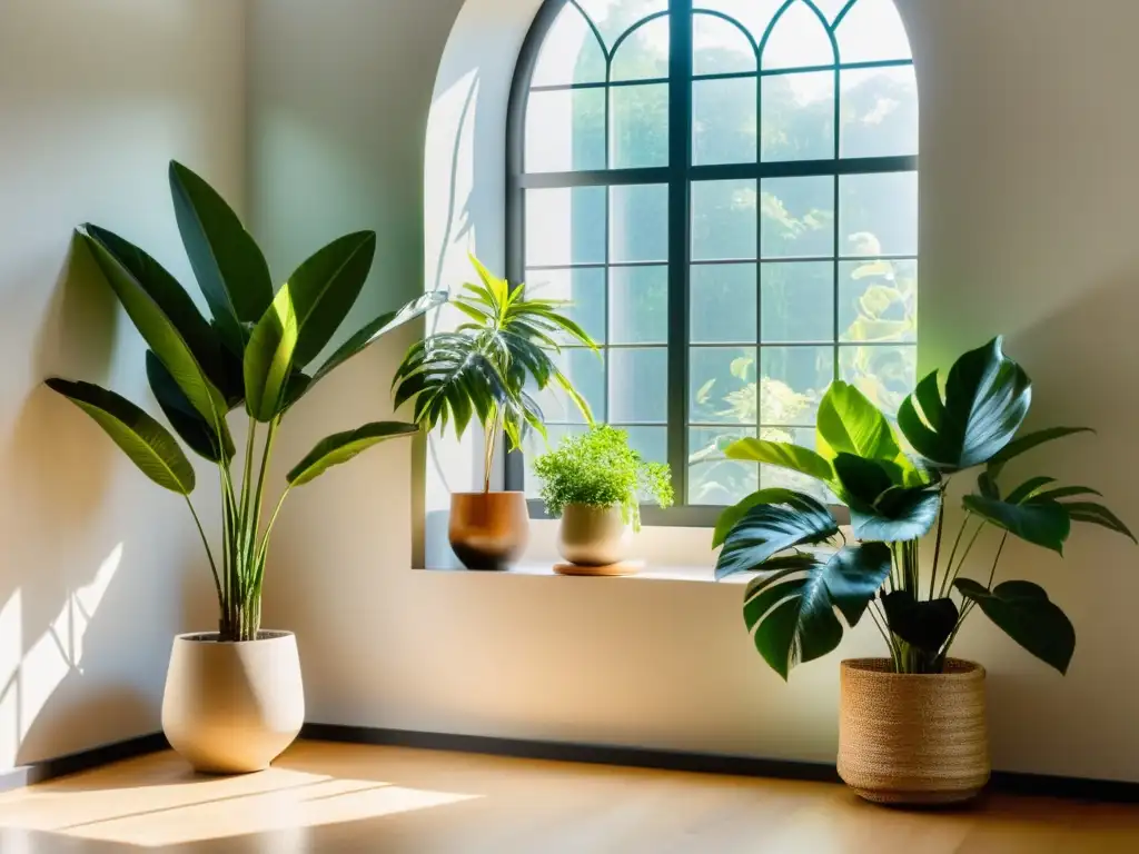 Espacio sereno iluminado por el sol con plantas de interior exuberantes Un espacio sereno y minimalista bañado por la luz del sol, con plantas de interior estratégicamente colocadas para purificar el aire