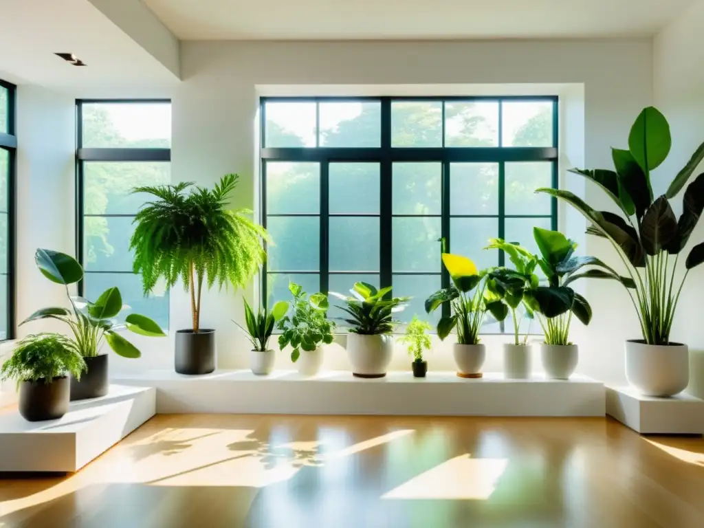 Un espacio sereno y minimalista con las mejores plantas de interior para oxigenar el hogar, bañado por luz natural y un ambiente tranquilizador