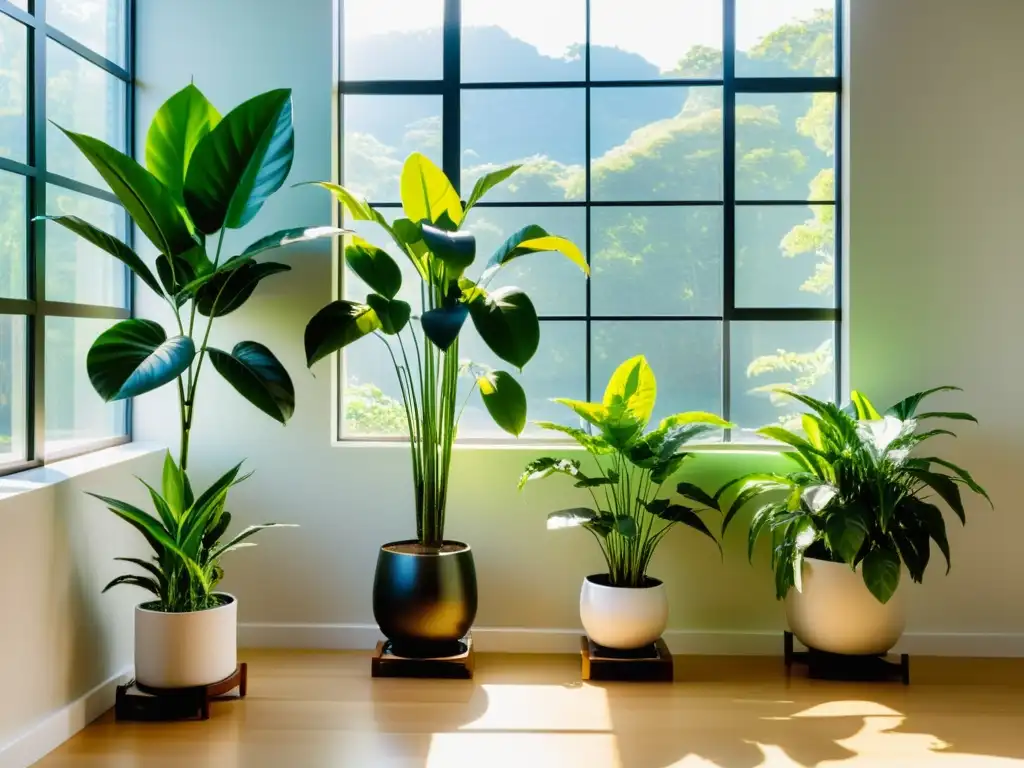 Un espacio sereno y minimalista con plantas de interior antiestrés naturales en plantas modernas