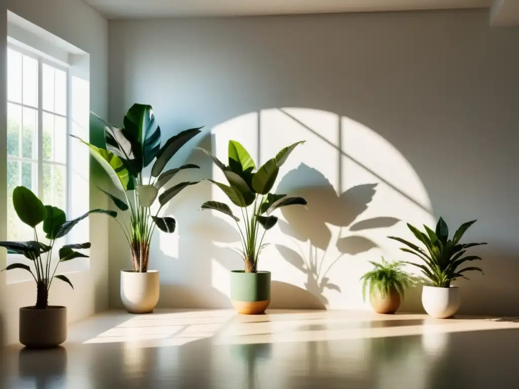 Espacio sereno con plantas en la luz del sol Un espacio sereno y minimalista con plantas de interior bañadas de luz solar, creando un ambiente tranquilo