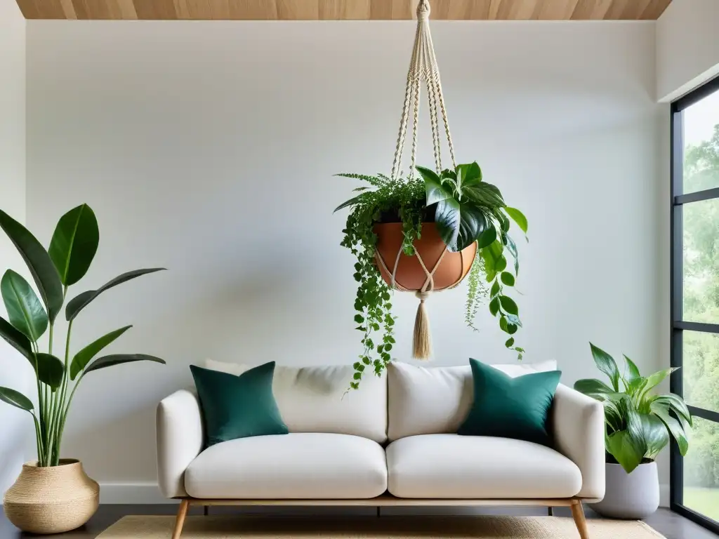 Serena armonía: sala minimalista con exuberante planta pothos Espacio sereno con plantas colgantes, equilibrio y armonía según consejos ubicación plantas colgantes Feng Shui