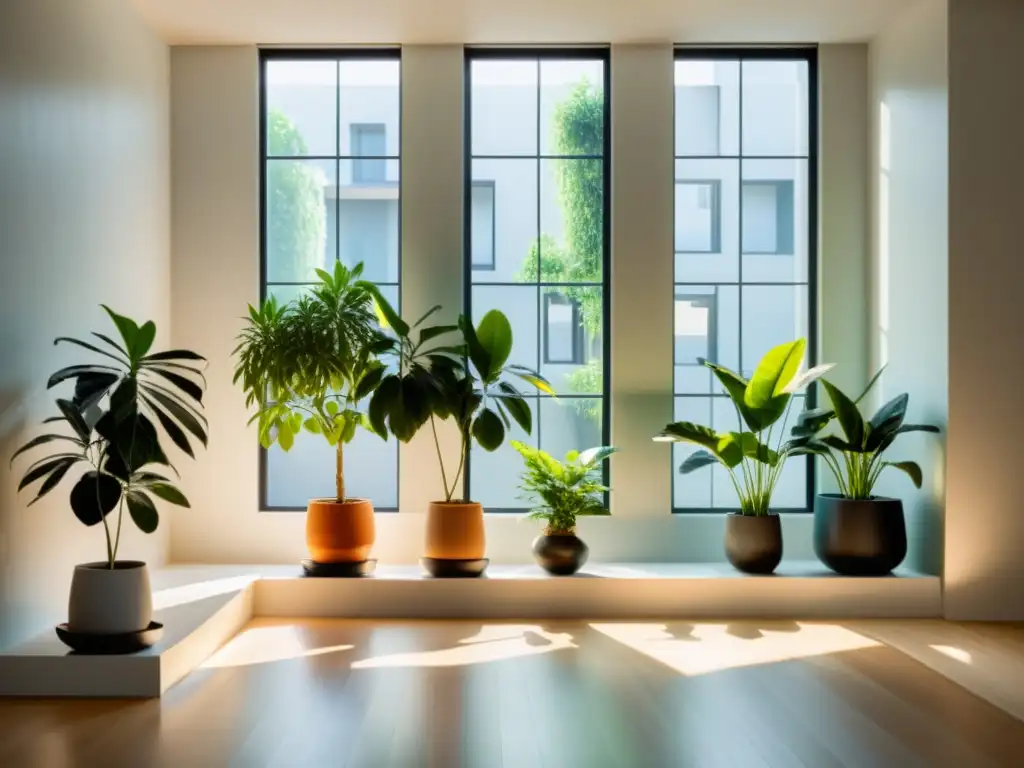 Tranquilidad verde: Espacio interior minimalista con plantas Un espacio sereno con plantas de interior estratégicamente colocadas