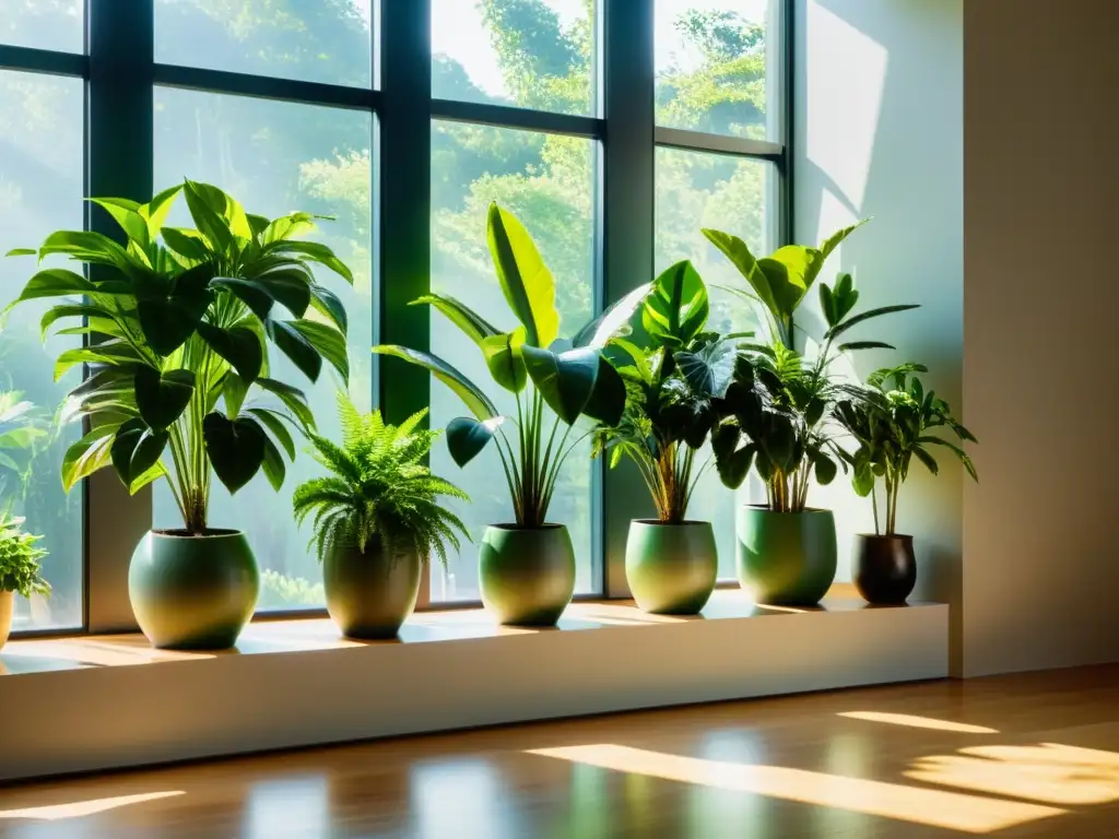 Espacio sereno con plantas de interior beneficios estrés, iluminado por el sol, creando una atmósfera de calma y frescura