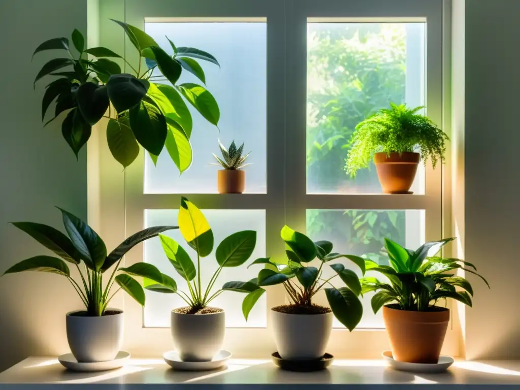 Un espacio sereno con plantas de interior con propiedades terapéuticas en estantes modernos, bañado por suave luz solar