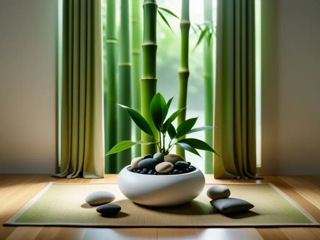 Un espacio de meditación sereno con plantas de interior para meditación, diseño minimalista y luz natural suave