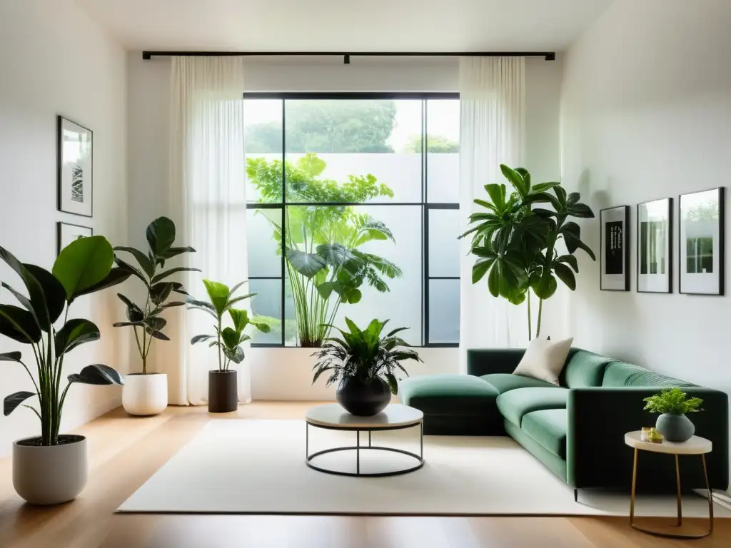 Espacio sereno con plantas de interior poca luz, iluminado por ventana y cortinas suaves, creando atmósfera natural y relajante