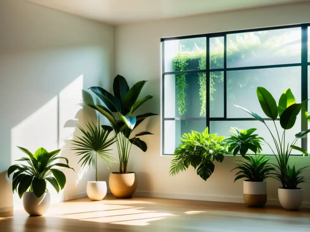 Espacio sereno con plantas de interior estratégicamente ubicadas, influencia la humedad ambiental con equilibrio y armonía