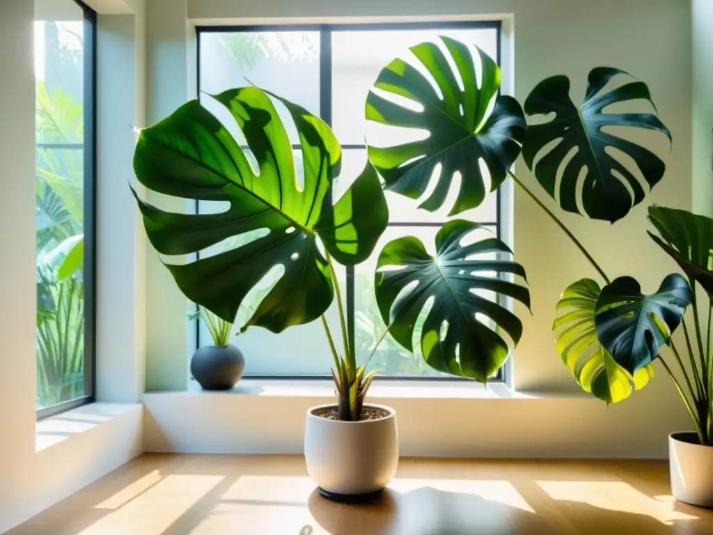 Un espacio sereno y soleado con plantas Monstera exuberantes