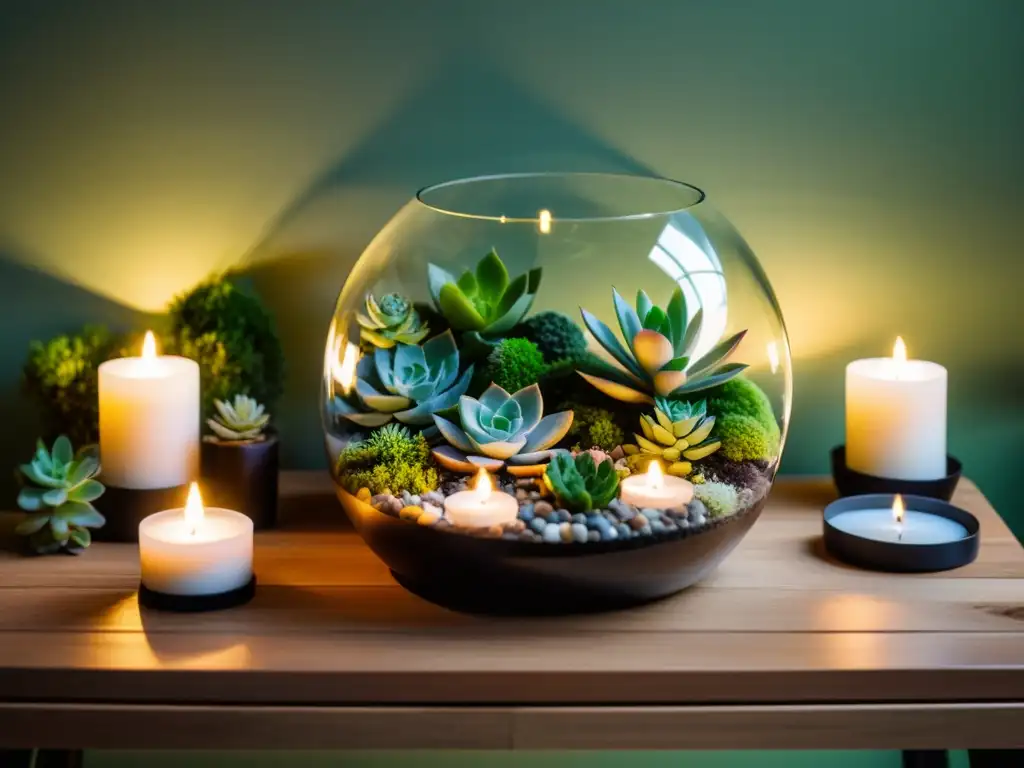 Un espacio sereno para meditar con un terrario minimalista iluminado por velas, creando una atmósfera tranquila