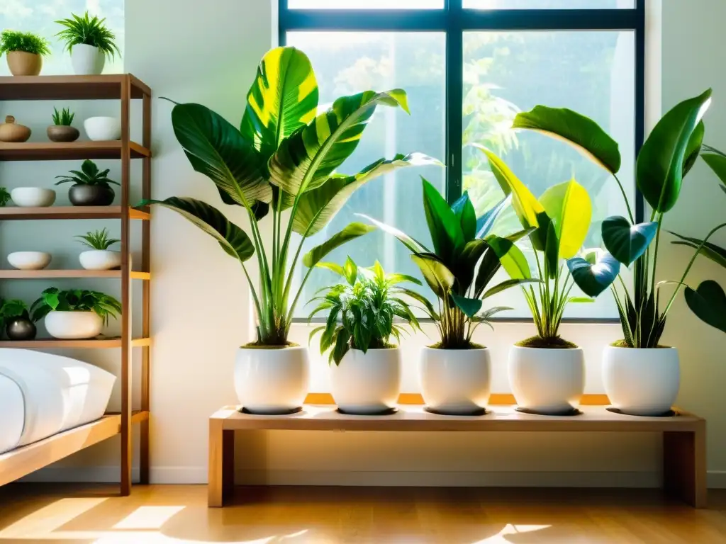 Espacio soleado con plantas de interior en macetas blancas, creando un jardín sereno