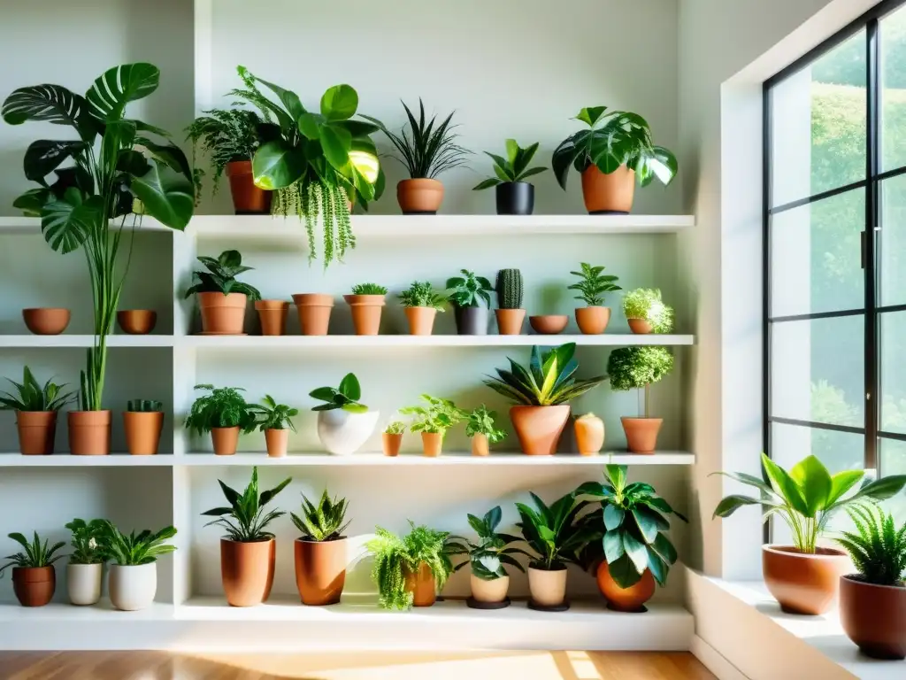 Un espacio soleado con plantas de interior exuberantes en estantes modernos