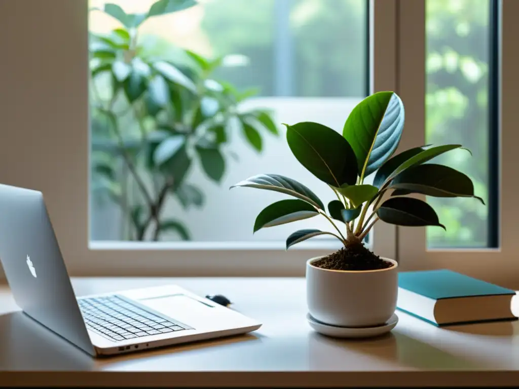 Un espacio de trabajo minimalista con un ficus en maceta blanca cerca de la ventana