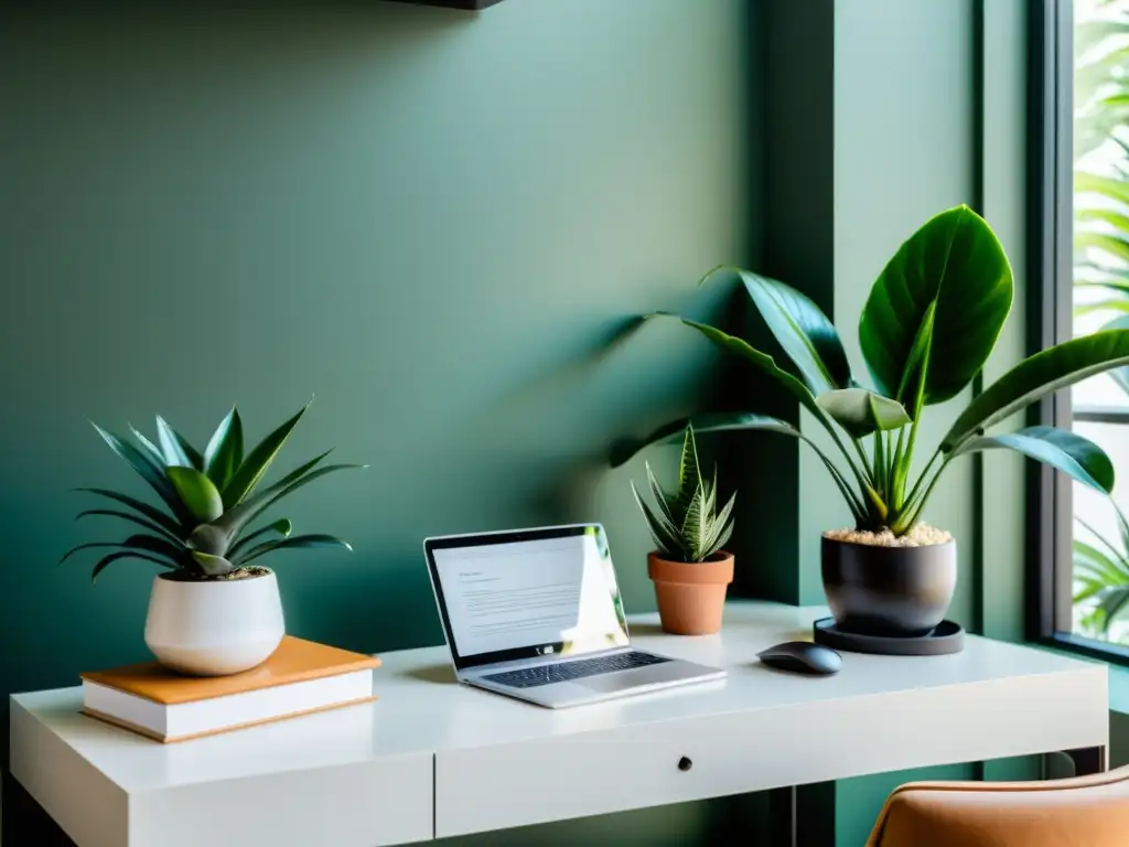 Un espacio de trabajo minimalista con una planta de interior para concentración, iluminado por luz natural, promoviendo la serenidad y enfoque