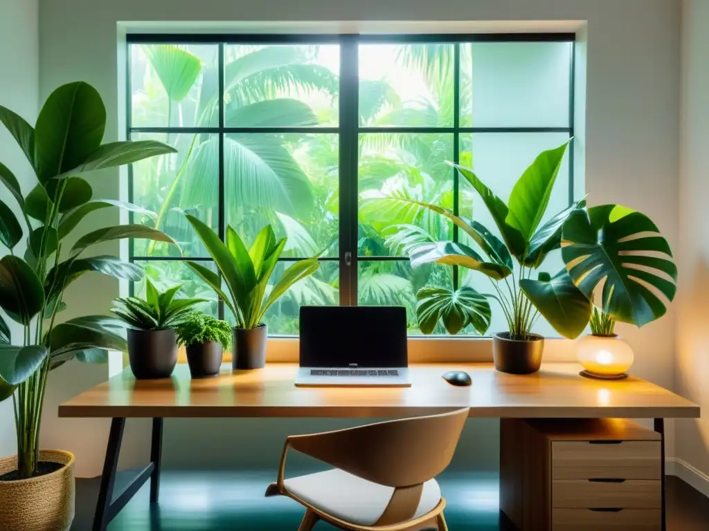 Un espacio de trabajo minimalista con plantas de interior para concentración, bañado en luz natural y serenidad