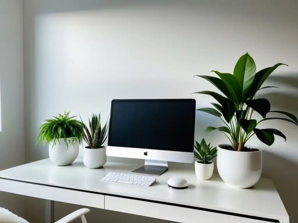 Espacio de trabajo minimalista con plantas de interiores, beneficios para la concentración