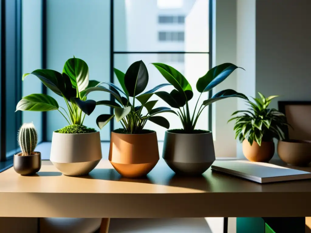 Espacio de trabajo minimalista con plantas de interior, beneficios para la concentración