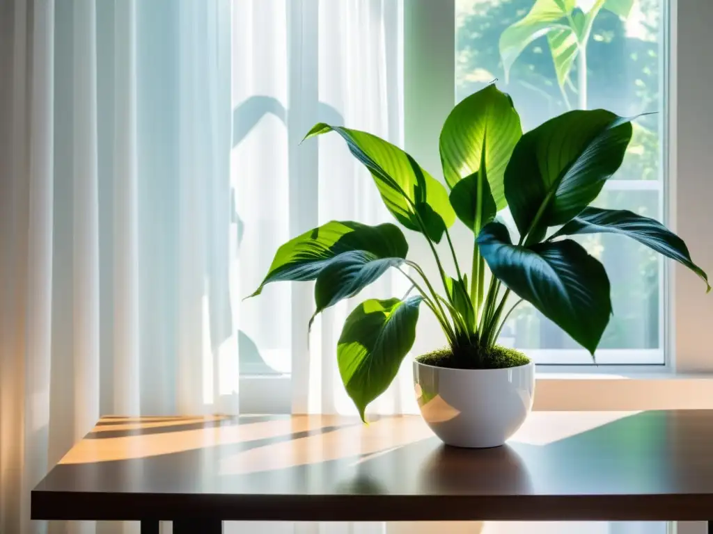 Un espacio de trabajo sereno y despejado con una exuberante planta de interior en un elegante escritorio