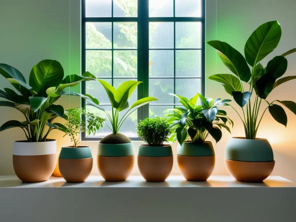 Un espacio tranquilo y minimalista iluminado por la luz del sol, repleto de plantas de interior para reducir estrés en macetas modernas