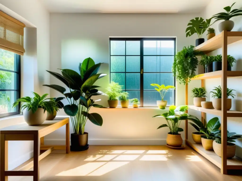 Un espacio tranquilo y sereno con plantas de interior que humidifican, irradiando calma y belleza natural