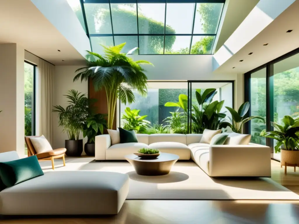 Espacio de vida moderno con integración de plantas en arquitectura interior, creando una atmósfera serena y minimalista