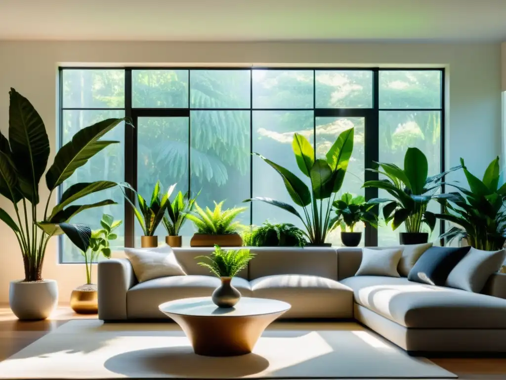 Espacio de vida moderno con plantas de clima frío para interiores, bañado por luz natural y atmósfera serena y elegante