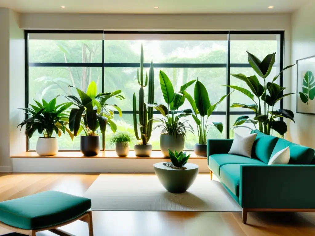 Espacio de vida moderno con plantas de interior de bajo mantenimiento en elegantes macetas, creando un oasis tranquilo