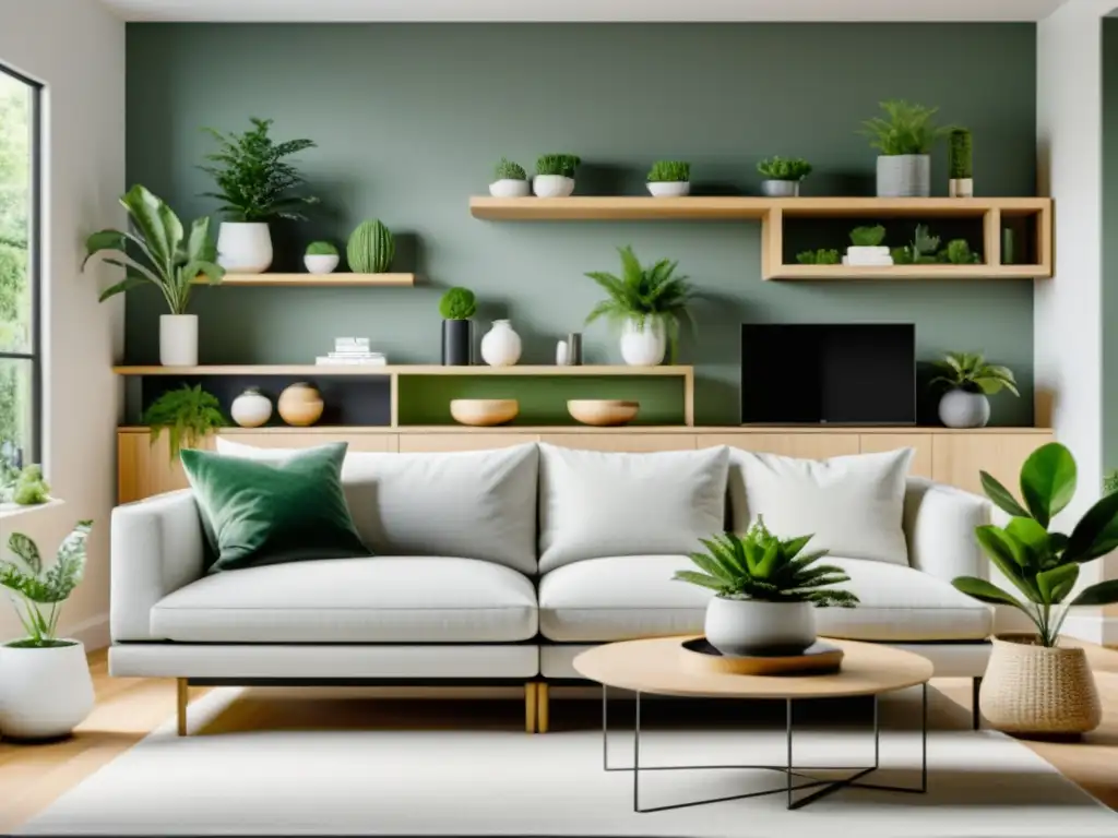 Espacio de vida moderno con plantas nórdicas para decoración interior en diseño escandinavo y estética minimalista