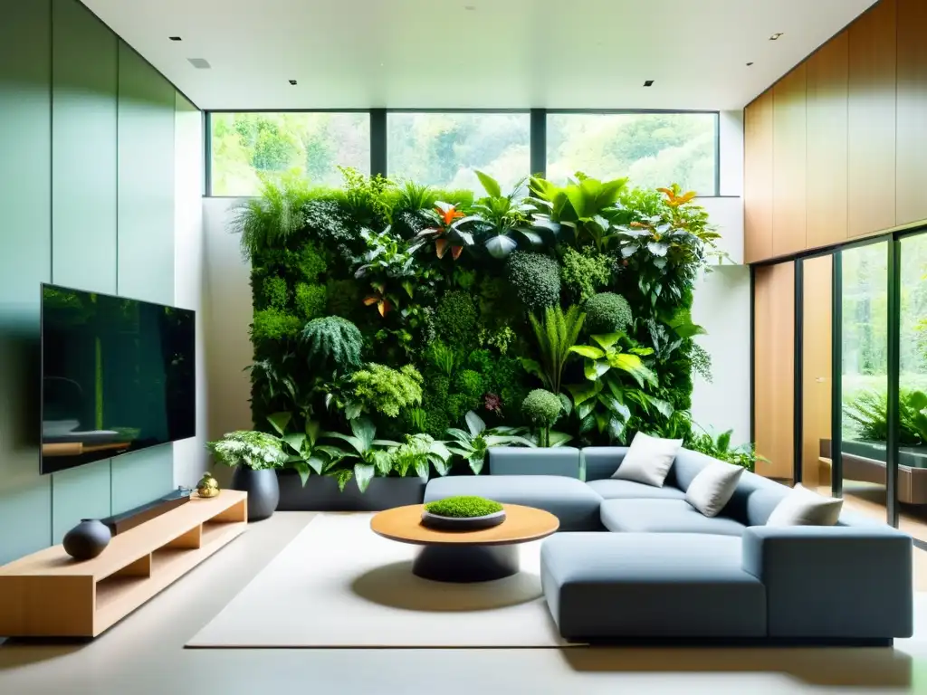 Espacio de vida moderno con jardines verticales diseño moderno y mobiliario minimalista, bañado por luz natural