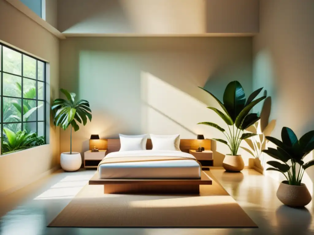 Espacio zen con plantas tropicales: habitación minimalista serena con plantas tropicales exuberantes y vibrantes, bañada en luz natural