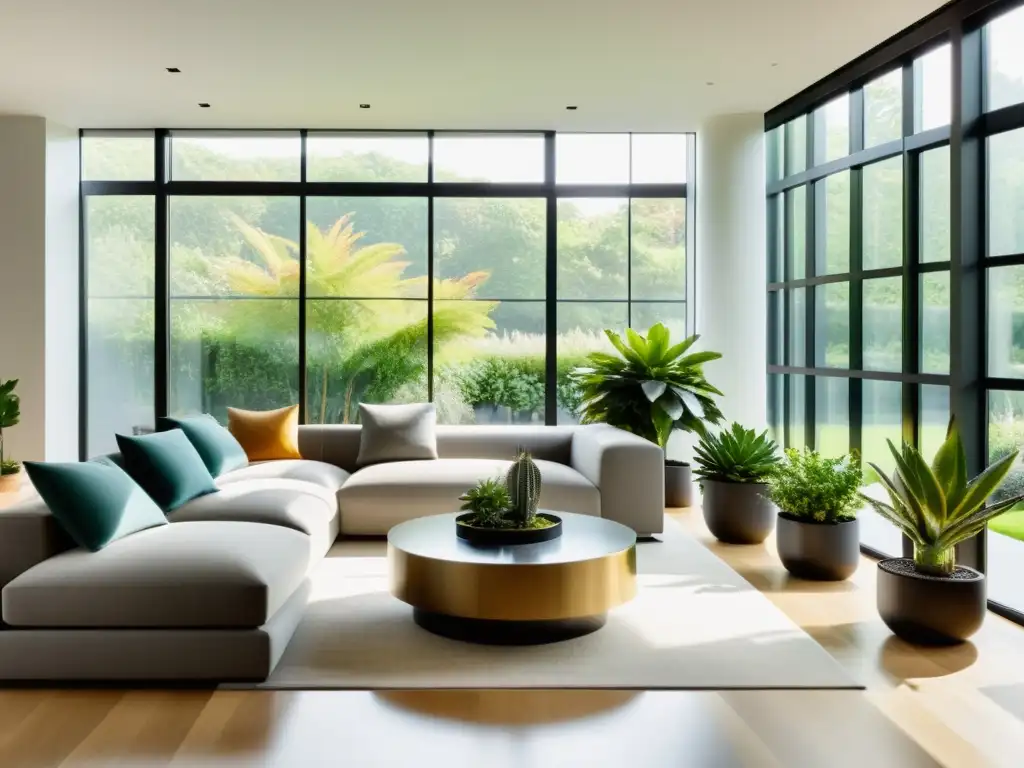 Espacios sostenibles con plantas de interior en un salón moderno con luz natural y decoración contemporánea