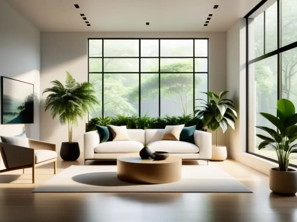 Espacios sostenibles con plantas de interior en un salón minimalista iluminado por luz natural y decoración neutra