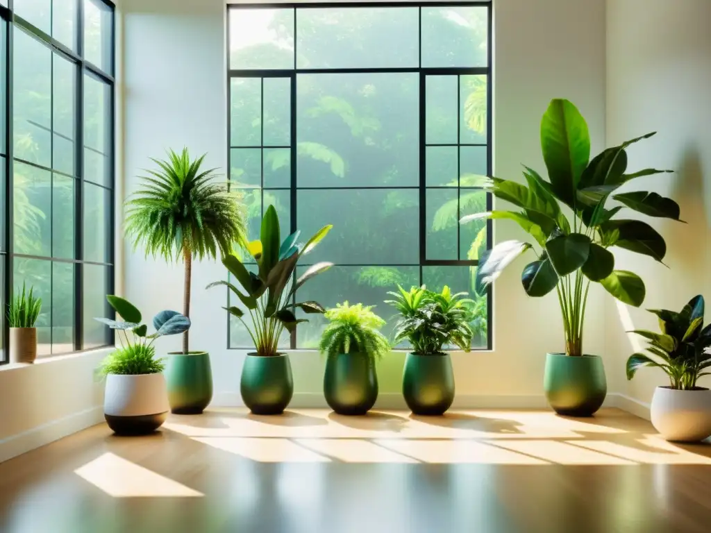 Oasis verde en un espacio minimalista Espaciosa habitación llena de plantas de interior para purificar aire, creando un oasis calmado y verde