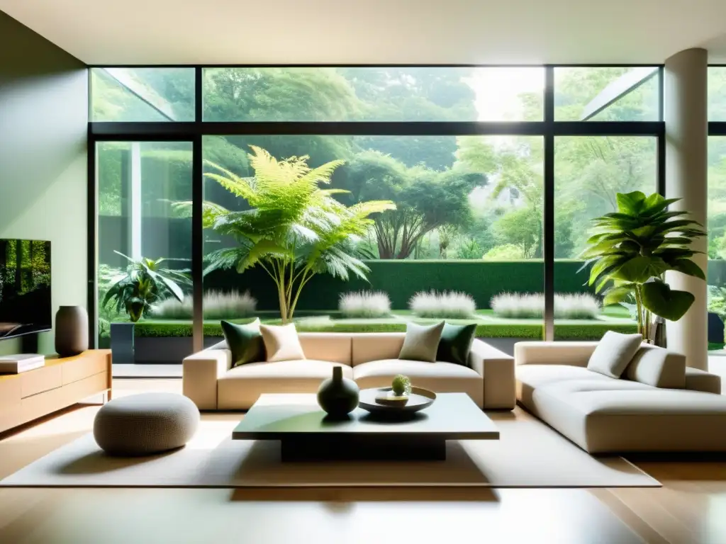 Sala de estar minimalista con vista a jardín verde Espaciosa sala de estar con diseño de interiores con plantas sostenibles, muebles modernos y ventanas de piso a techo que dan a un jardín exuberante