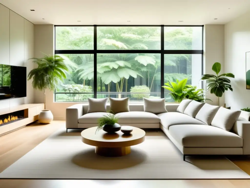 Sala de estar ecoamigable con diseño minimalista y plantas exuberantes Espaciosa sala de estar soleada con diseño interior minimalista y plantas sostenibles que crean un ambiente armonioso y ecológico