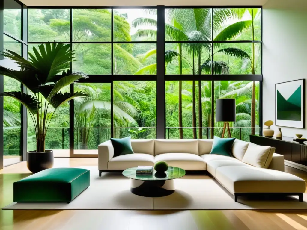 Espaciosa sala con vista a bosque, decoración minimalista, y una elegante planta de interior