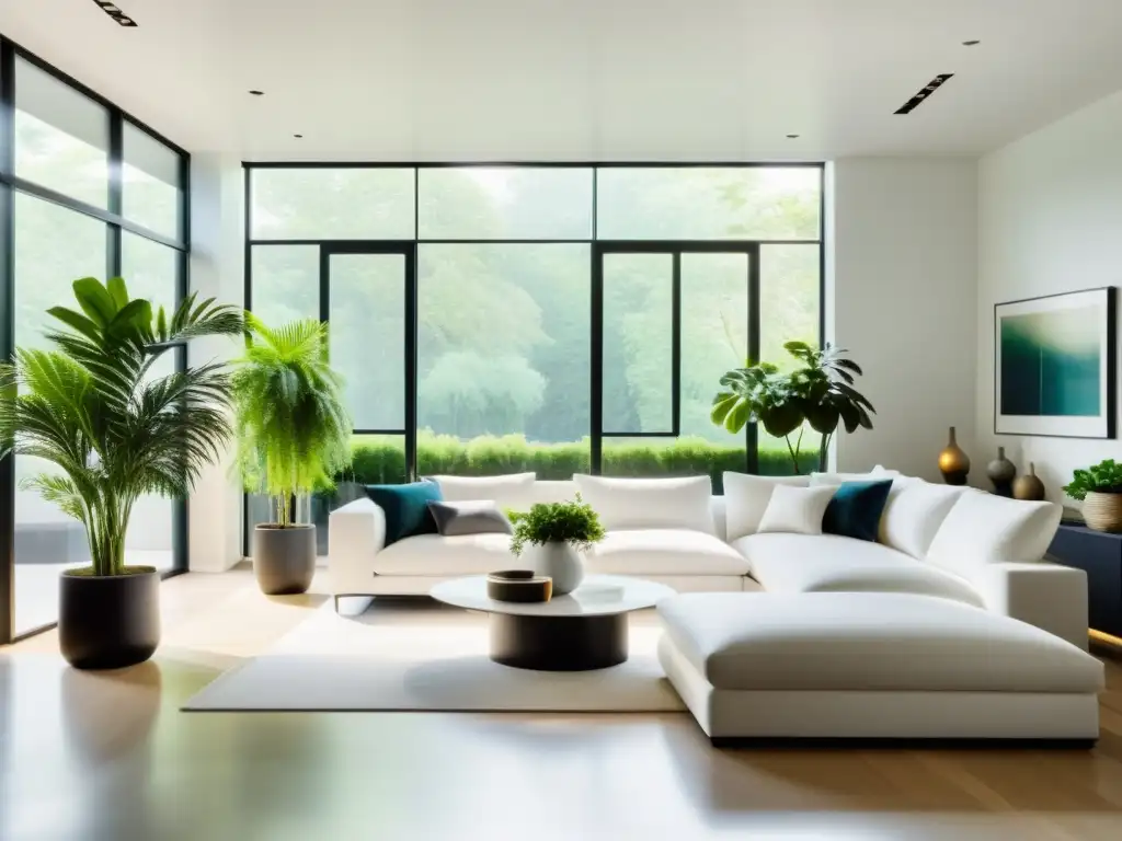 Espacioso salón blanco con grandes ventanales, lleno de plantas vibrantes para purificar el aire interior